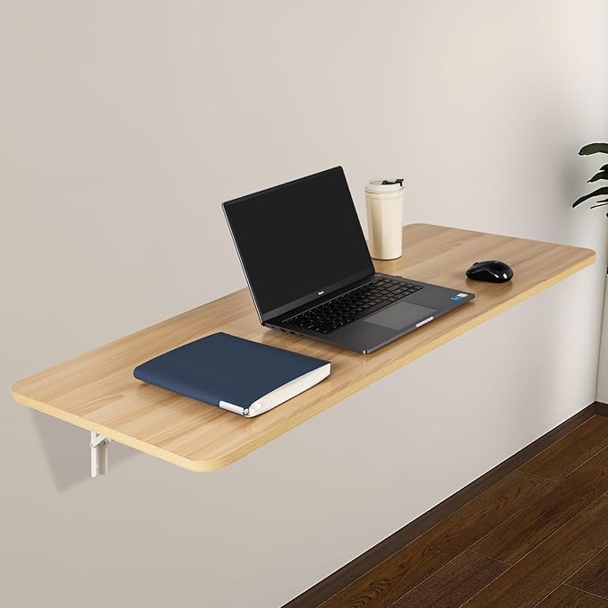 Wall Mounted Folding Table 47.2”L x 19.7”W, Laundry Folding Table with Heavy Duty Metal Collapsible Shelf Brackets, Wall Mounted Desk Fold Down for Small Spaces, Wood Color