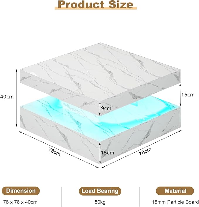 White Marble LED Coffee Table for Living Room, Living Room Table 2-Tier Square Middle Center Table, Modern Coffee Tables with Storage, Contemporary Wood Tea Tables for Dining Reception