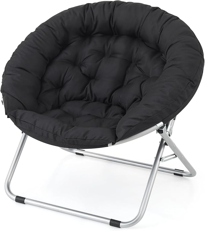Athena Collection Comfy Saucer Chair Folding Cozy Chair for Bedroom Living Room Accent Chair Fabric Reading Chair Foldable Metal Frame Lazy Chair Moon Chair for Adult, Black