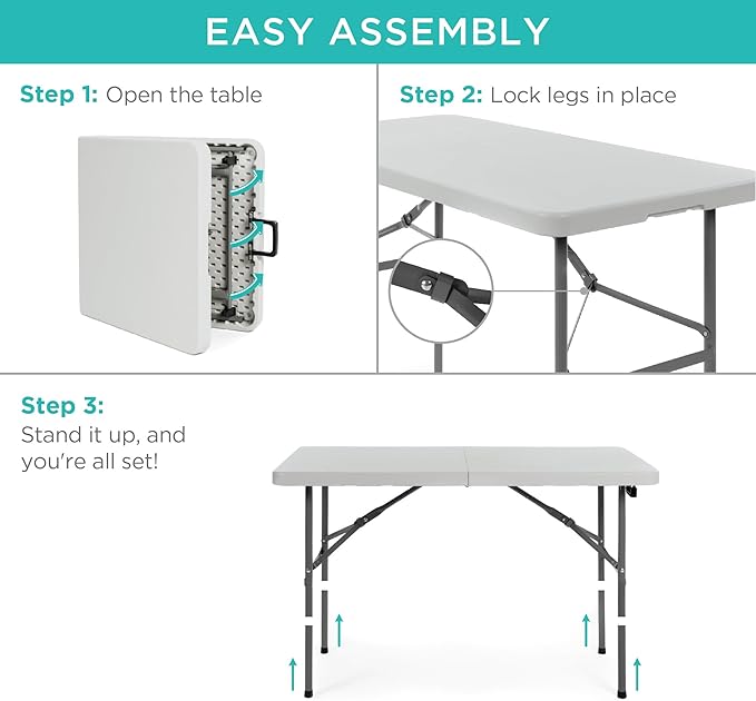 Best Choice Products 4ft Plastic Folding Table, Indoor Outdoor Heavy Duty Portable w/Handle, Lock for Picnic, Party, Camping - Light Gray