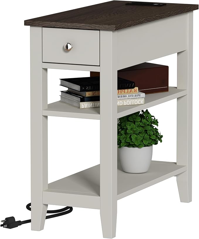 ChooChoo Farmhouse End Table with Charging Station, Narrow Side Table Living Room with USB Ports & Power Outlets and Hidden Drawer,White and Brown