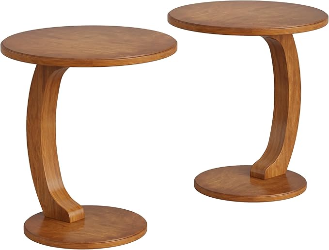 Tribesigns C-Shaped End Table Set of 2, Wooden Round Side Sofa Table, Couch Side Table, Mid-Century Modern End Table, Small Side Table, Boho Side Tray Table for Living Room, Brown