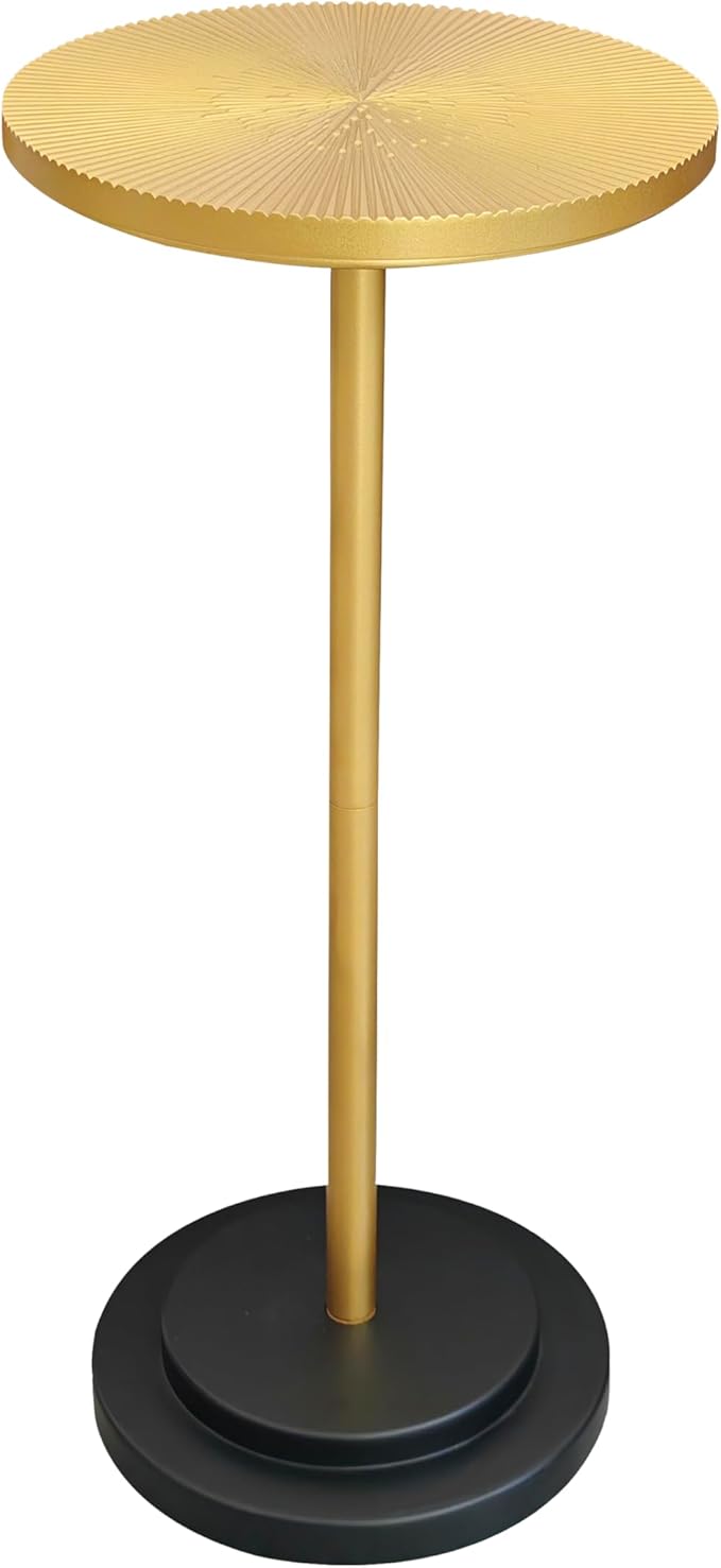 Drink Table, Carved Table Top Martini Table, Small Side Table, Weighted Base Pedestal Table for Living Room, Bedroom, Bathroom, Gold and Black