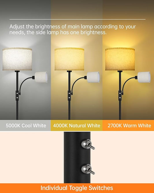 Floor Lamps for Living Room, Modern Floor Lamp with Reading Lamp(9W, 4W), 3 Color Temperature LED Bulbs, 62" Tall Standing Lamp, Beige Lampshades, Simple Pole Lamps for Bedroom/Office/Kids Room/Den