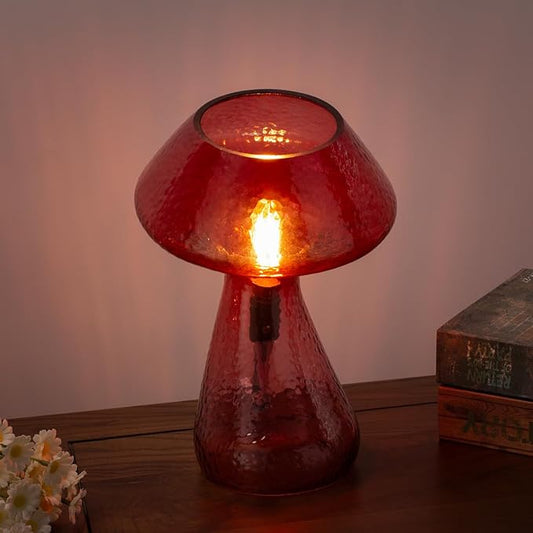 Dimmable Mushroom lamp,red Glass Mushroom Bedside Table Lamp,Village Style Small Nightstand Desklamp for Home Decor, Dining, Living, Bedroom, Gift(LED Bulbs Included)