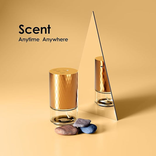 Airversa Waterless Diffuser Essential Oil 100ml Capacity Scent Air Machine for Home Aromatherapy Premium Metal Nebulizer Battery Operated 3 Mist Settings Timers Color Light AN5(Gold)