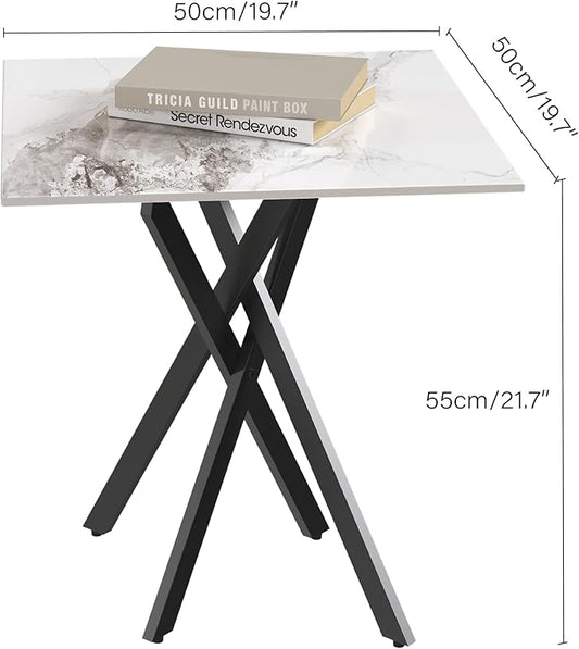 White Marble Side Coffee Table with Metal Legs, Samll Sintered Stone Square Modern End Table for Living Room Sofa Table Home Bed Office (1 Piece, 20"×20"×22")