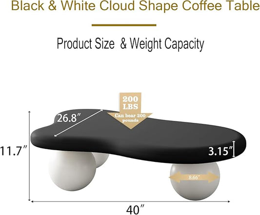 40" Cloud Coffee Table for Living Room Irregular Coffee Table Modern Low Coffee Tables Abstract Faux Stone Cute Center Table with 3 Ball Legs for Small Space Apartment Black & White