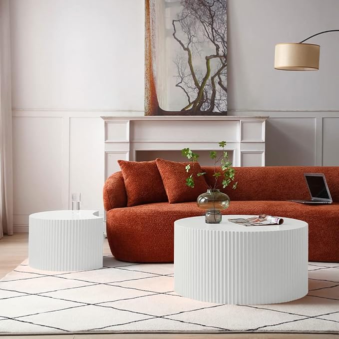 WILLIAMSPACE Nesting Coffee Table Set of 2, Round & Crescent Moon Wooden Coffee Tables, Modern Luxury Accent End Tea Table for Living Room Apartment (White-Round)