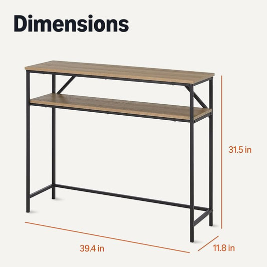 Amazon Basics Rectangular Console Table with Storage Shelf, Steel Frame, 11.8" D x 39.4" W x 31.5" H(in), Oak Finish