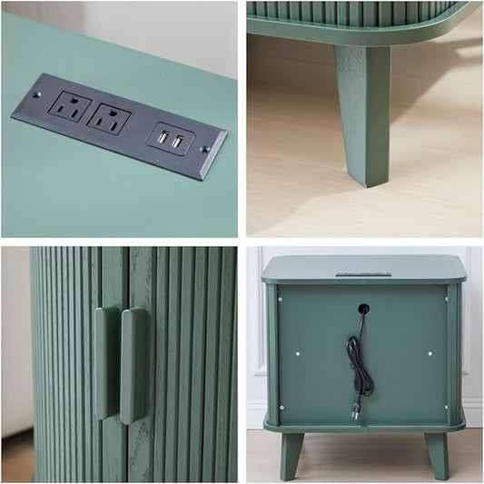 AVZEAR 24" Large Fluted End Table with Charging Station, Farmhouse Sofa Side Table with Sliding Tambour Door & Storage, Curved Rustic Wood Nightstand for Living Room, Bedroom, Green