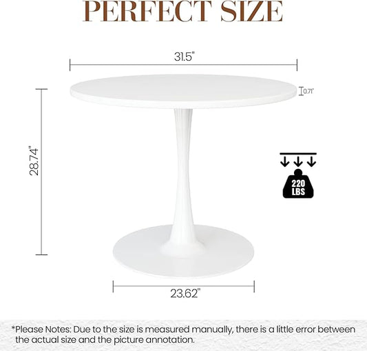 DKLGG White Round Dining Table, 31.5" Tulip Kitchen Dining Table for 2-4 People with MDF Table Top & Pedestal Base, Modern Minimalist Design