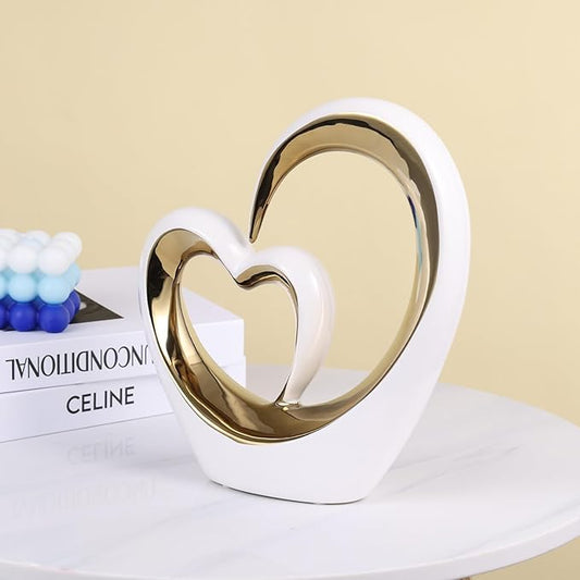 White Gold Ceramic Heart Statues - Abstract Home Sculptures for Bedroom, Wedding, Valentine Decor & Gifts for Women (Loving Hearts - Circular)