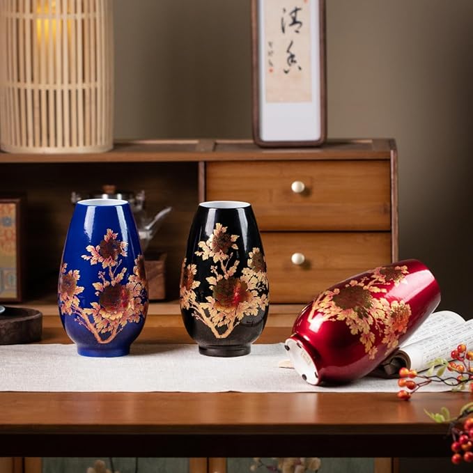 9 Inch Glossy Vintage Ceramic Vase with Floral Design, Flower Vases for Dining Table & Wedding Centerpiece, Handcrafted Home Decor, Boho Decoration for Living Room,Office, Entryway,Pampas Grass(Black)