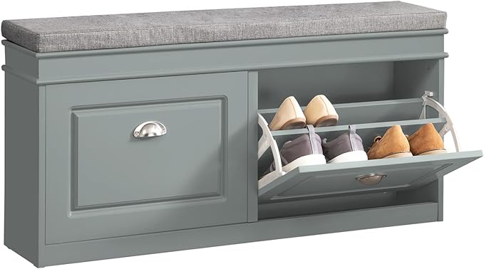 Haotian Grey Storage Shoe Bench with 2 Flip Drawers & Padded Seat Cushion, Enterway Bench Shoe Cabinet Shoe Organizer, Hidden Shoe Rack for Hallway, Bedroom FSR64-HG
