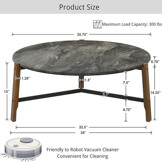 Modern Round Coffee Table, 36’’ Wide Wooden Side Table Mid-Century End Table with Wood Legs Metal Support for Living Room Bedroom, Black