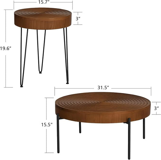 2 Piece Modern Farmhouse Living Room Coffee Table Set, Nesting Table Round Natural Finish with Handcrafted Wood Ring Motif, Walnut Colour