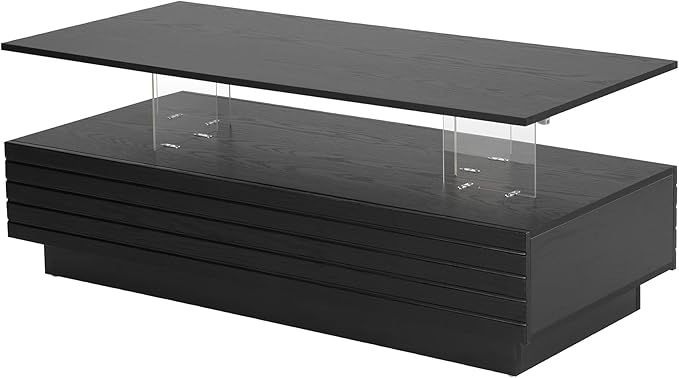Modern Black Rectangular LED Lights Coffee Table with 2 Drawers in 47.2"
