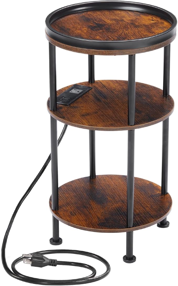 Small Round Side Table with Charging Station for Small Spaces, 3-Tier Round Accent Table with USB Ports & Power Outlets, Corner Table Sofa End Table for Living Room Bedroom (USB Charger, Rustic Brown)