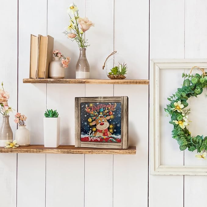 Christmas Wood Sign, Let It Snow Sign, Winter Christmas Decoration, Decorative Wooden Box Plaque, Deer Decor, Farmhouse Home Office Indoor Decor, Merry Xmas Gift for Women Men