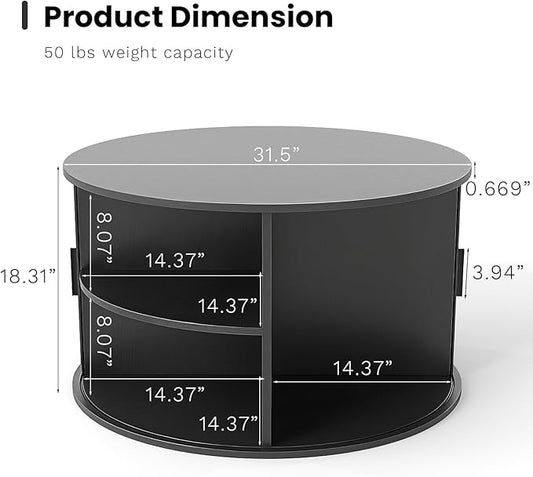 SoarFlash 31.5 Inch Fluted Coffee Table with Storage, Mid Century Modern Round Coffee Table with Shelf, Center Table with Sliding Door and Wood Fluted Handle for Living Room, Black