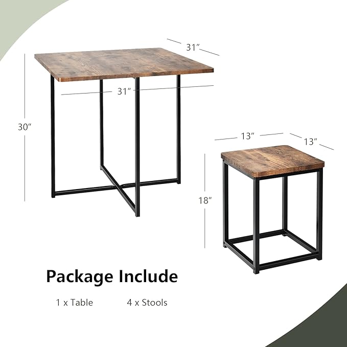 COSTWAY 5 Piece Dining Table Set, Counter Kitchen Table and Chair Set for 4 Includes 1 Square Table and 4 Stools, Space-Saving Pub Dining Set for Living Room, Breakfast Nook, Coffee Shop (Brown)