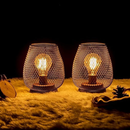 DECORKEY Set of 6 Battery Operated Lamp LED Table Lantern, Brown Metal Cage Cordless Lamps with LED Bulb,Vintage Decorative Outdoor Lantern for Weddings, Parties, Patio, Events for Indoors Shelf Decor