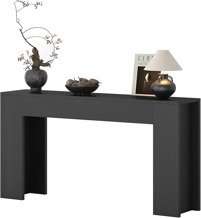 63-Inch Long Console Table with LED Light, Farmhouse Sofa Table Behind Couch, Wooden Console Table for Entryway Hallway Entrance Living Room, Black
