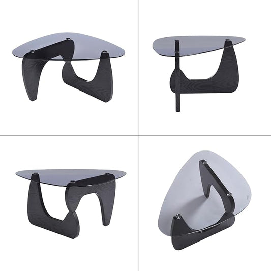 DUOMAY Modern Triangle Glass Coffee Table, 16 Inch High Glass Top Abstract Small End Table with Solid Natural Wood Base, Tea Table Suitable for Living Room, Office, Patio, Apartment, Black Wood