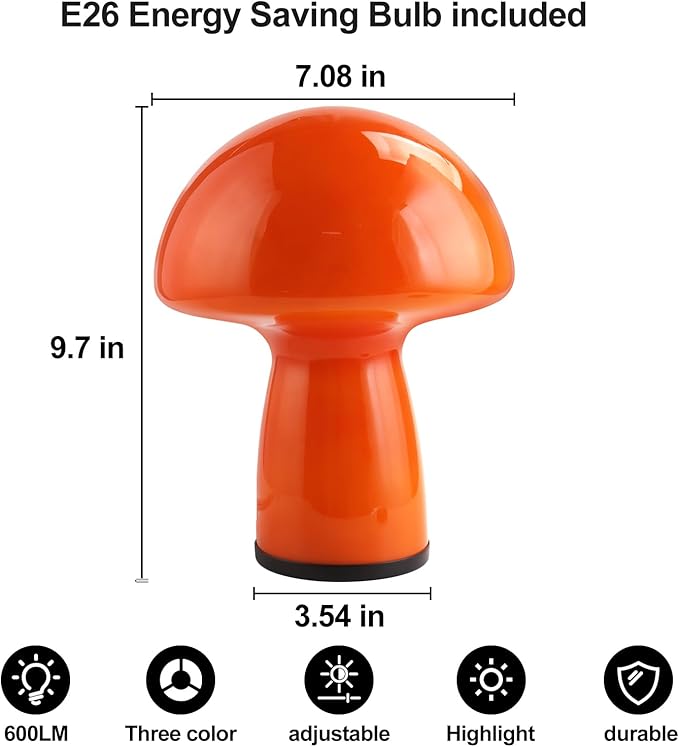Flame Red Mushroom lamp,Glass Mushroom Bedside Table Lamp Translucent Vintage Style Small Nightstand Desklamp for Home Decor, Dining, Living, Bedroom, Gift(3-Color Bulbs Included)