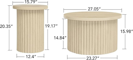 Nesting Coffee Table Set of 2, Modern Round Wooden Circle Accent Coffee Tables for Small Spaces Living Room Bedroom Balcony Office Drum Side Table