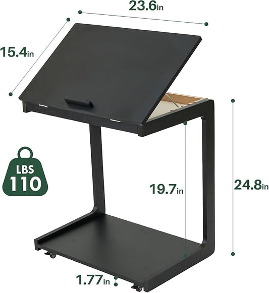 C Shaped Rolling End Table with Wheels - Solid Wood Side Table for Couch, Wooden Modern Tv Tray Bedside Tables for Sofa Armchair Living Room Bedroom, Black, 15.4 in x 23.6 in x 24.8 in