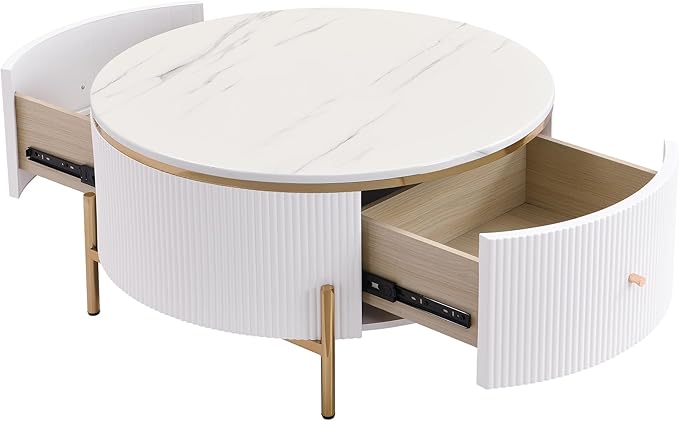 31.5" Round Coffee Table with Storage, Modern Round Coffee Table with 2 Drawers Storage Accent Table Round Black End Table for Living Room,White