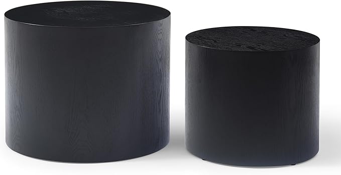 Nesting Coffee Table Set of 2, Modern Round Coffee Table with Non-Slip Feet, Wooden Circle Accent Tables for Small Spaces Living Room Bedroom Balcony Office Drum Side Table (Black)