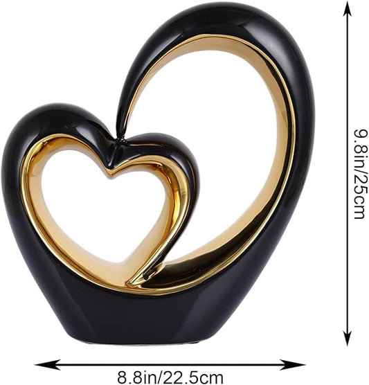 LCCCK Porcelain Double Heart Decor,Black and Gold Sculpture Home Decor for Living Room Entryway Coffee Dining Table Shelves, Wedding Anniversary, Valentine's Gift for Couples & Lovers Modern