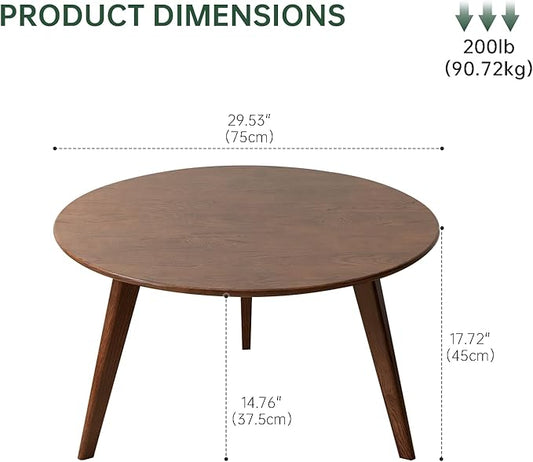 100% Solid Oak Wood Mini Coffee Table, Round Cofffe Tables Side Table w/Solid Wood Legs, Walnut Mid Century Table for Bedroom Balcony Living Room (29.53" D x 17.72" H)