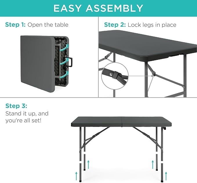 Best Choice Products 4ft Plastic Folding Table, Indoor Outdoor Heavy Duty Portable w/Handle, Lock for Picnic, Party, Camping - Dark Gray