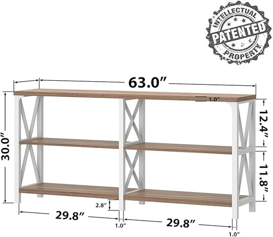 IBF Industrial Console Table, Wood and Metal Entryway Table with Shelves, Farmhouse White and Rustic Oak 3 Tier Sofa Tables for Living Room, Entry, Hallway 63 Inch