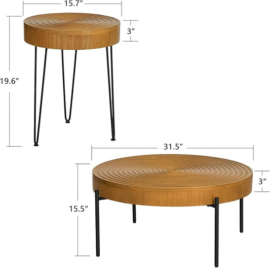 2 Piece Modern Farmhouse Living Room Coffee Table Set, Nesting Table Round Natural Finish with Handcrafted Wood Ring Motif, Wood Colour