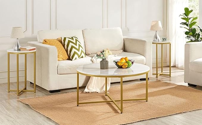 Yaheetech Faux Marble Side Table, 16in Modern Accent Sofa Table, Round Tabletop, Sturdy Metal Legs for Living Room, Mustard Gold