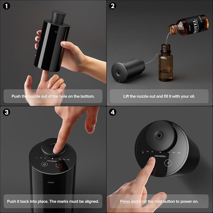 Waterless Essential Oil Diffuser Starter Kit with 30mL Hotel Scent Fragrance Oil Inspired by Ritz-C., Battery Operated Mini Scent Air Machine Portable Diffuser for Home Car Office, Black AN6