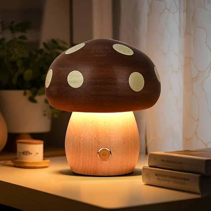 LED Wooden Mushroom Lamp, Rechargeable Battery Operated Portable Cordless Touch Switch Small Lamp, Stepless Dimming Night Light for Birthday Gifts