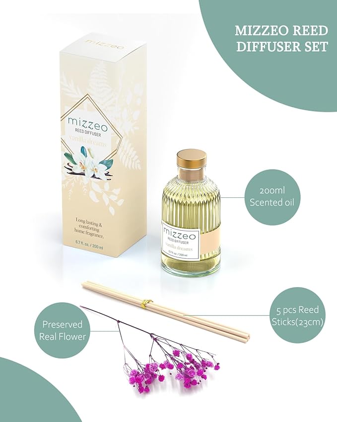 MIZZEO Reed Diffuser Set, Vanilla Dreams 6.76 fl oz Highly Scented Room Diffuser Home Fragrance Essential Oil Reed Flower Diffuser, House Bedroom Office Decor & Gifts
