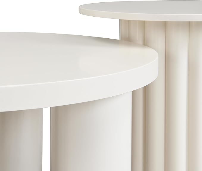 Modern Coffee Table Set of 2, Round Center Table with Roman Column Legs,Space-Saving Stackable Design,Matching End Tables for Living Room, Industrial & Functional, Easy Assembly,White