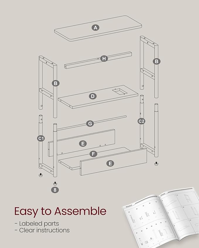 VASAGLE Side Tables with Charging Station, Set of 2 Narrow End Tables, 3-Tier Nightstands, Sofa Tables for Small Spaces, for Living Room, Bedroom, Study, Heather Greige and Ink Black ULCT664K04