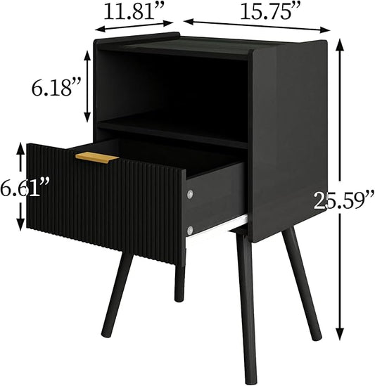 Nightstand,Modern Bedside Table with Storage Drawer and Open Wood Shelf, Accent Night Stand with Solid Wood Legs for Living Room, Bedroom and Small Spaces,Easy Assembly (Black)