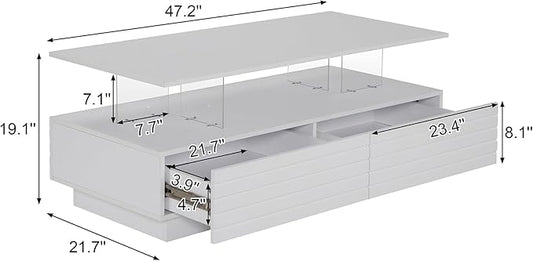 Modern White Rectangular LED Lights Coffee Table with 2 Drawers in 47.2"