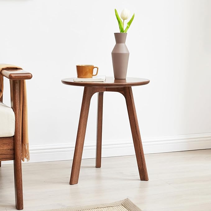 100% Solid Oak Round Side Table, Small Side Table for Small Spaces, 3-Legged Living Room End Tables with Stable Frame for Bedroom Couch Side Entryway, Walnut