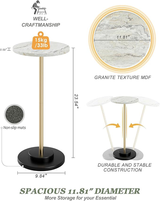 Round Side Table, Small Drink Table for Small Spaces, Modern Accent End Table with Metal Leg for Living Room, Bedroom, Corners, and Office (Marble)
