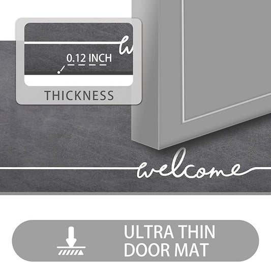 Welcome Mat Indoor, Ultra Thin Door Mat, 1/10 in Thin Door Mats for Inside Entry, Non-Slip Rubber Backing, Washable Doormat, Fade Resistant, Absorbent, Low Profile Dirt Trapper, 30"X17",Grey